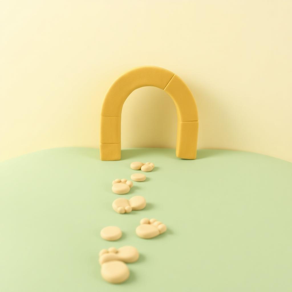 Cream clay footprint shapes leading across sage clay ground towards a gold clay archway
