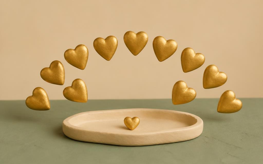 A cream clay open palm releasing a small glowing gold clay orb above sage clay ground