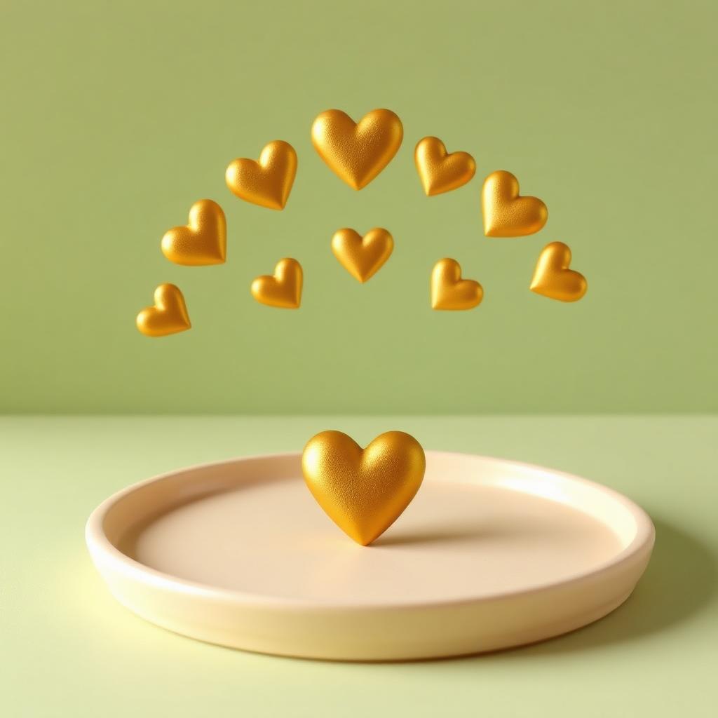 One small gold clay heart on a cream clay tray with ten larger gold clay hearts rising above it on sage clay ground