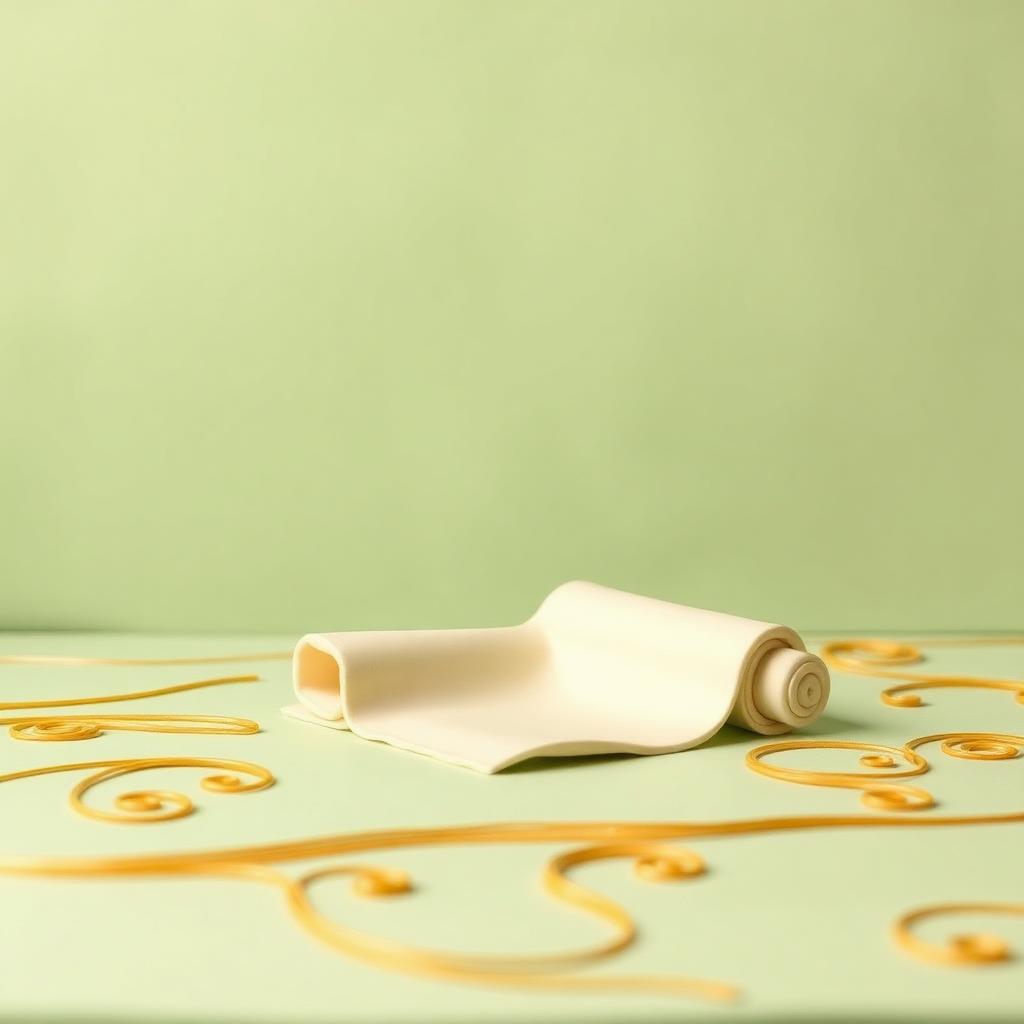 A cream clay scroll partly unrolled on sage clay ground with abstract gold clay flourishes