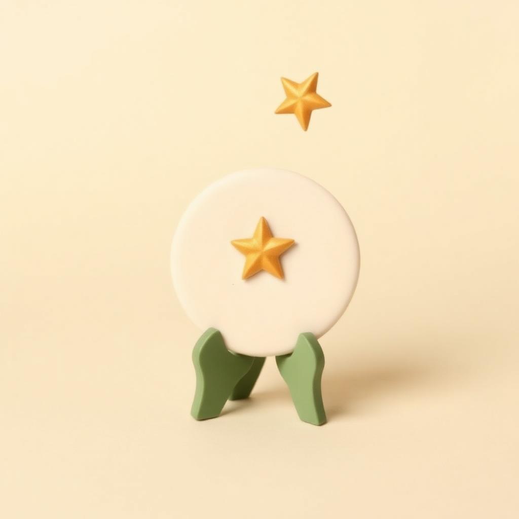 A rounded cream clay shield shape resting on a sage clay stand with a gold clay star above it
