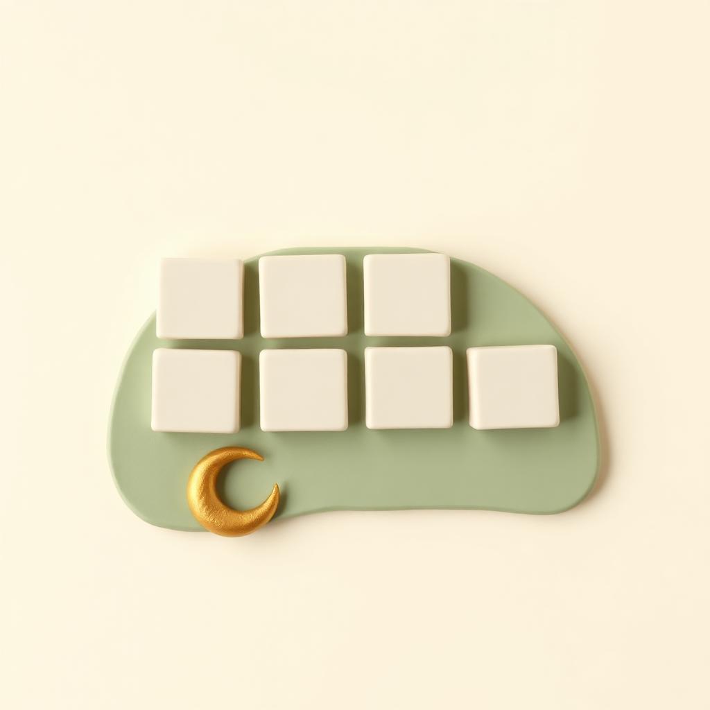 Six small cream clay tiles in two rows beside a gold clay crescent on a sage clay base