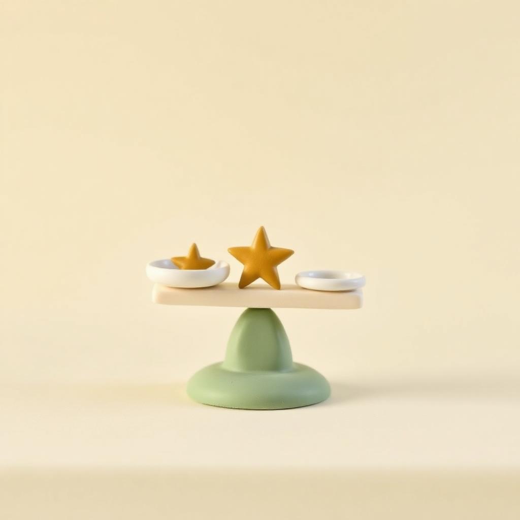 A cream clay balance scale holding a small gold clay star level on a sage clay base