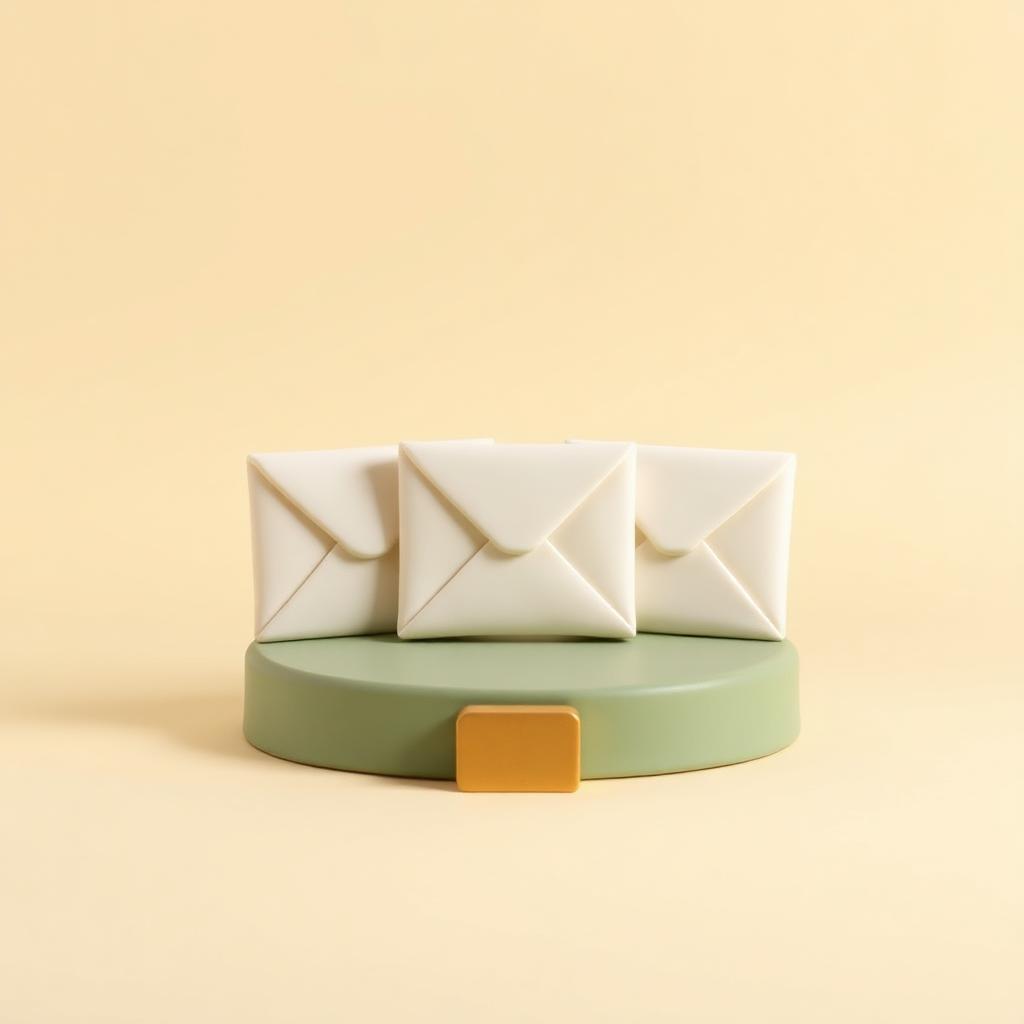 Three linked cream clay envelopes on a sage clay platform with a gold clay stop block