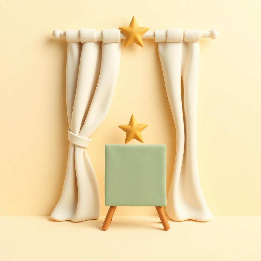 Cream clay curtain draped over a sage clay screen slab with a gold clay star above