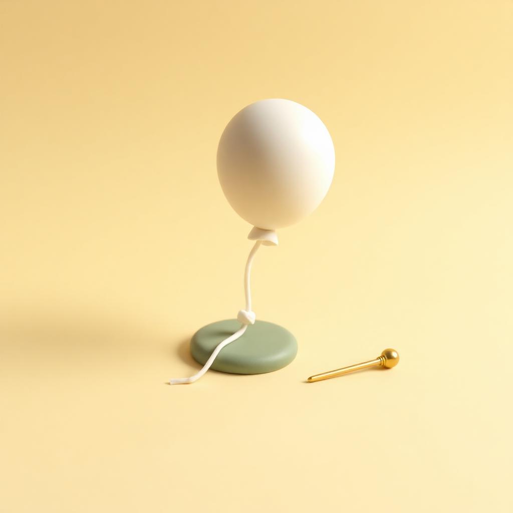 Cream clay balloon deflating on sage clay ground with a small gold clay pin beside it