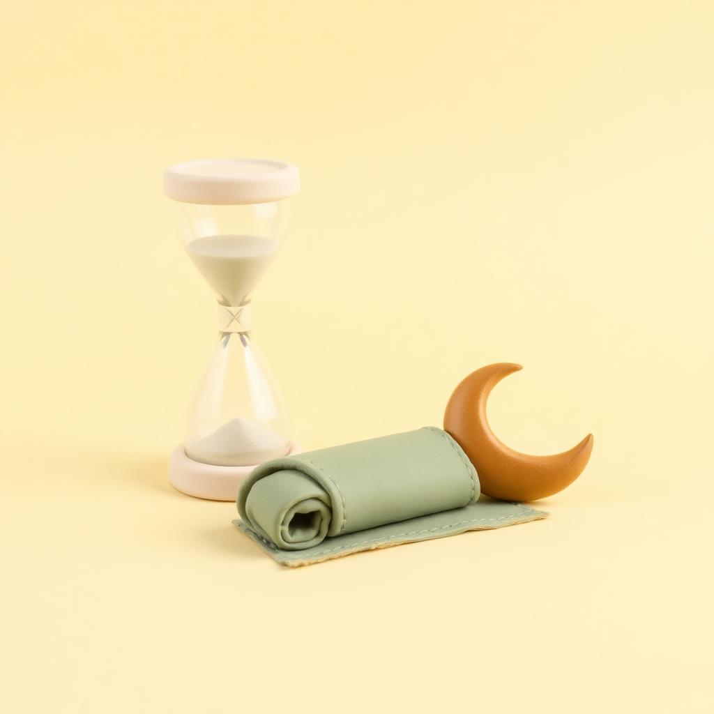 Cream clay hourglass beside a rolled sage clay prayer mat and a gold clay crescent
