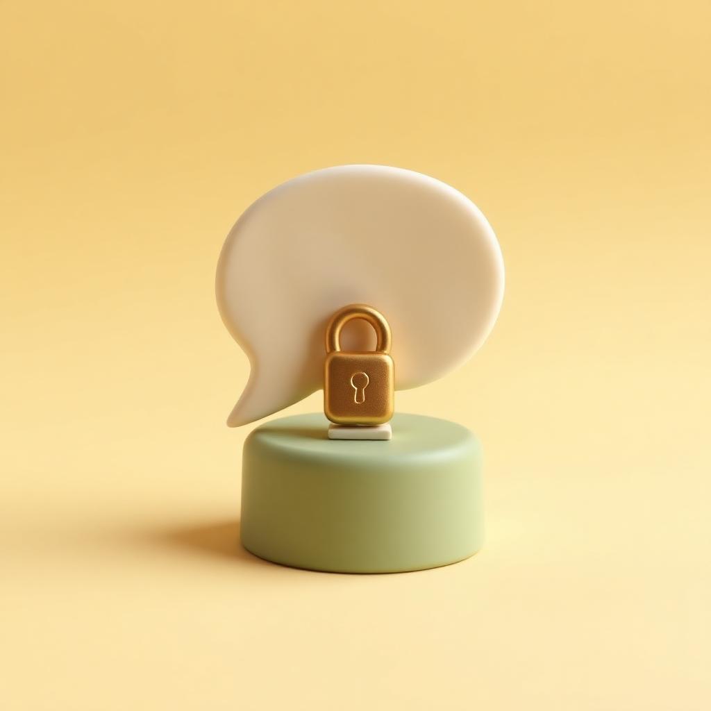 Cream clay speech bubble on a sage clay pedestal with a small gold clay padlock