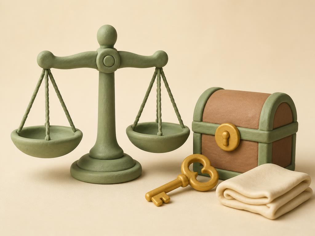 A clay set of merchant scales beside a small sealed pouch and a folded cloth