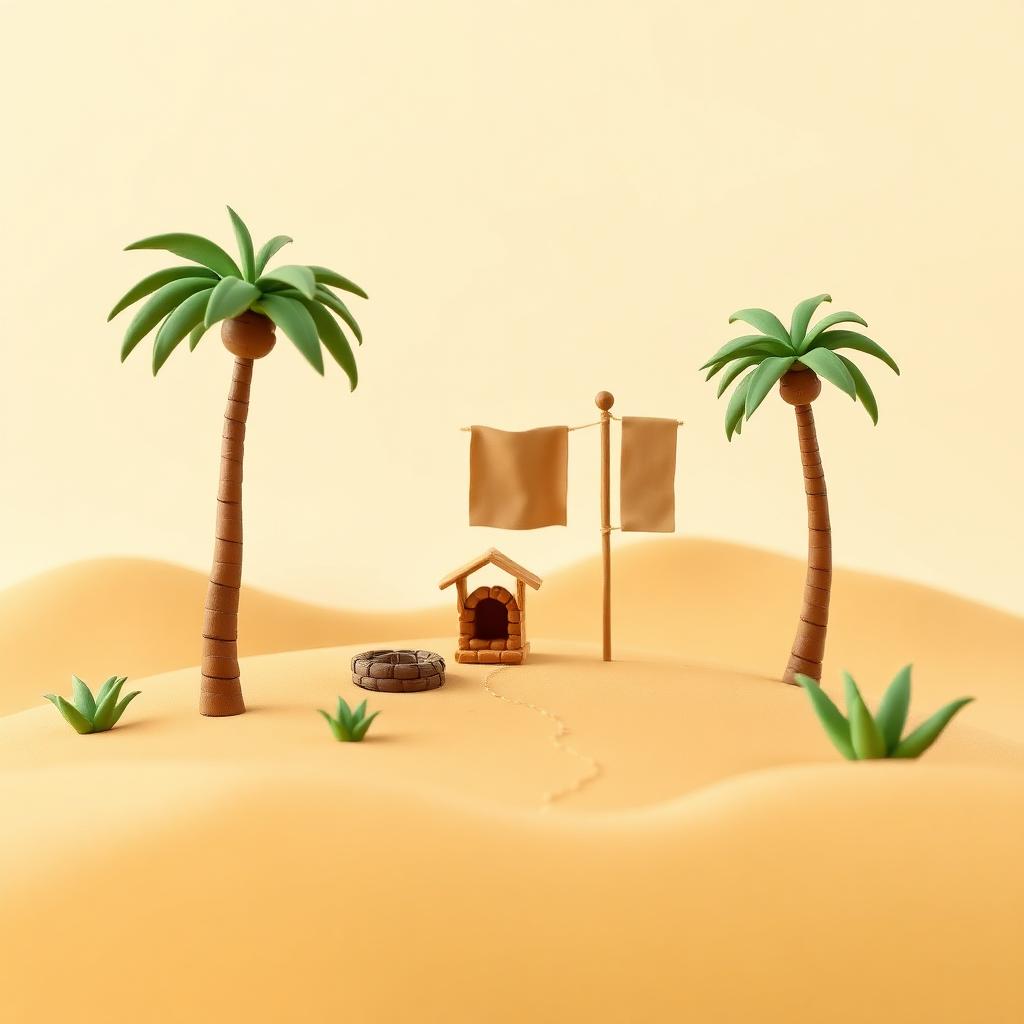 A clay desert valley with date palms, a small well and two plain banners on poles