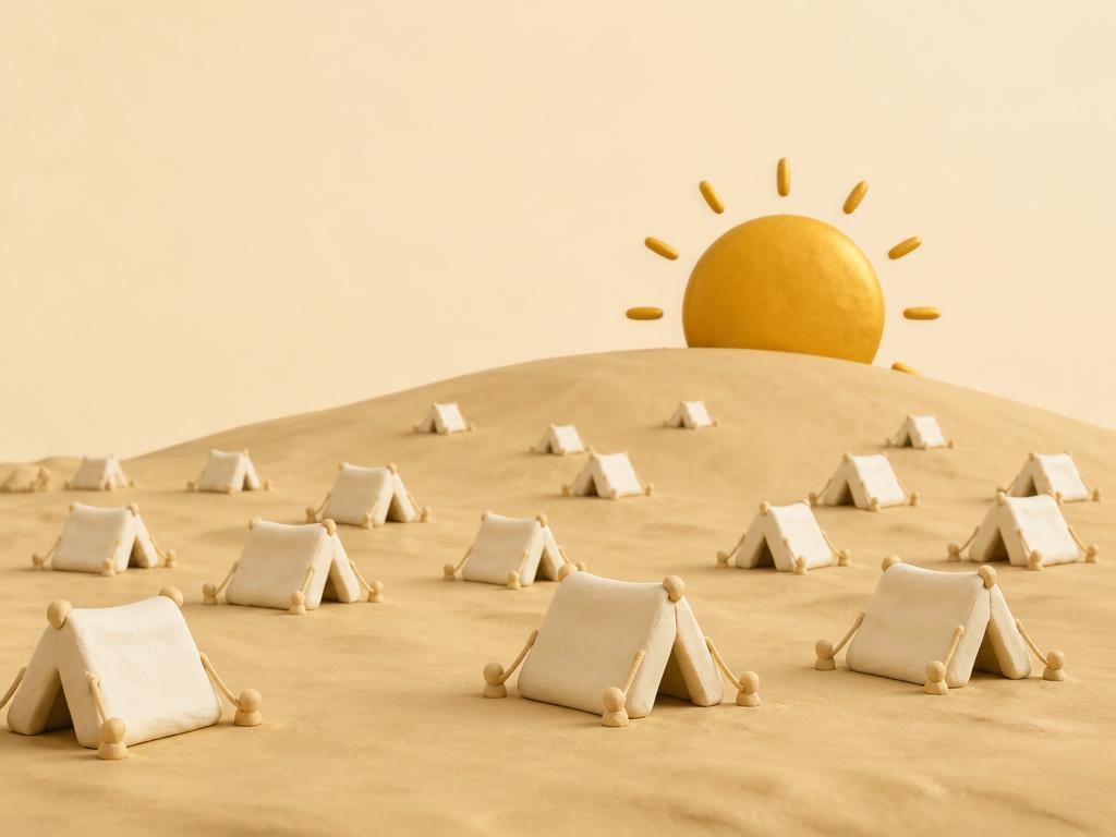 A clay open plain at sunset with a single raised stone platform and a soft gold sky