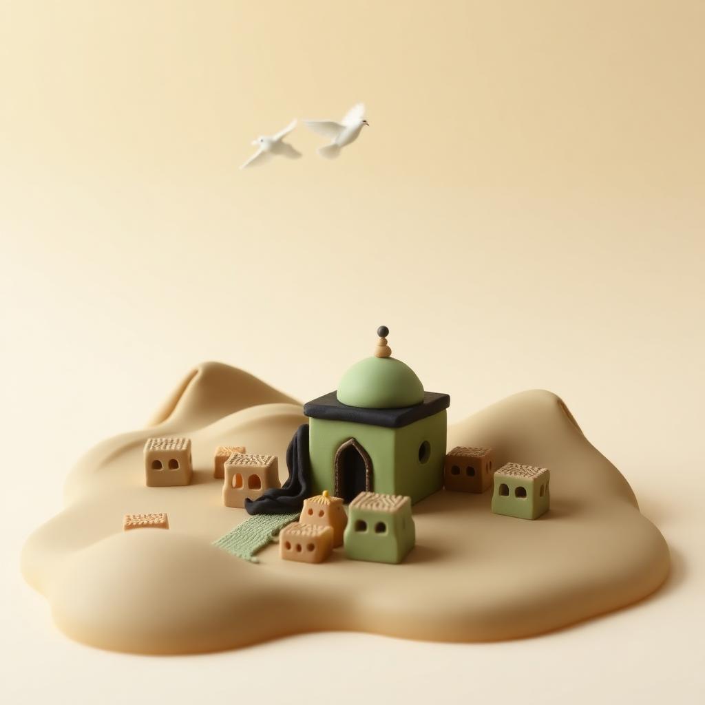 A clay cube-shaped House draped in black cloth in a valley of small houses at sunrise, with doves above