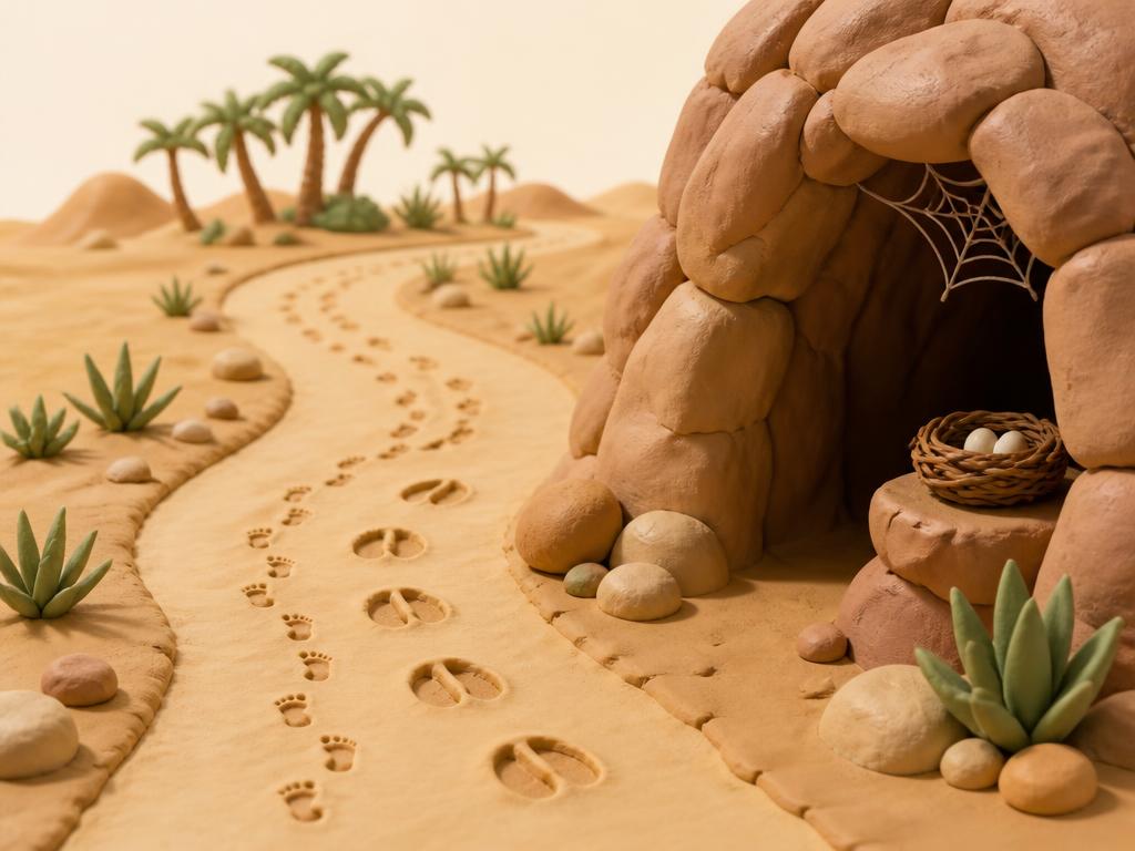 A clay desert with two sets of footprints leading toward a distant palm oasis, a spider web over a cave mouth