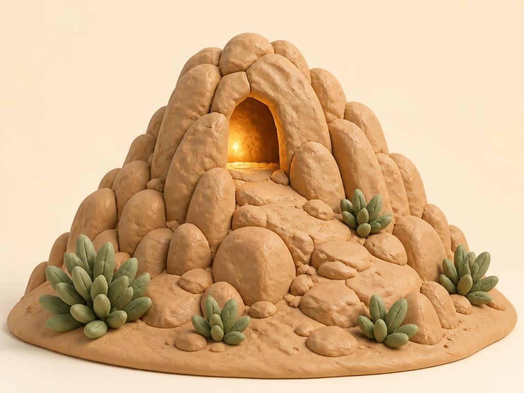 A clay mountain at night with a small cave opening glowing softly