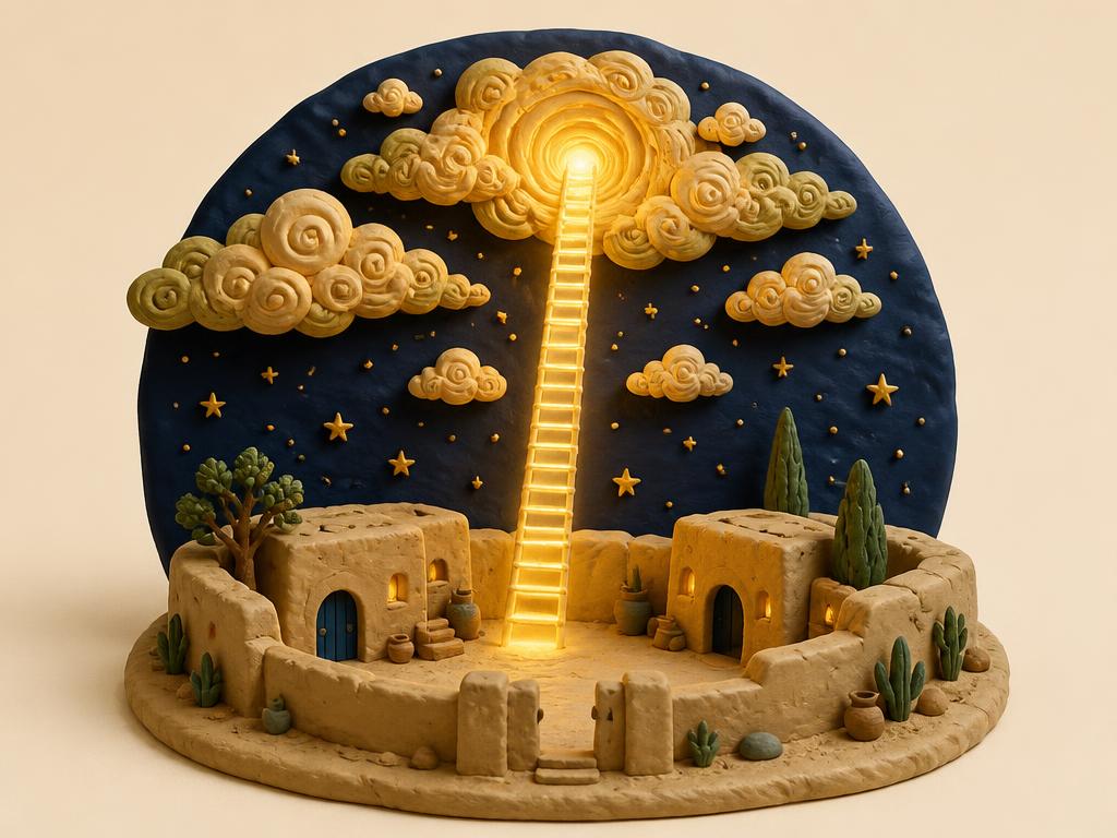 A clay night sky with a ladder of light rising between two domed arches