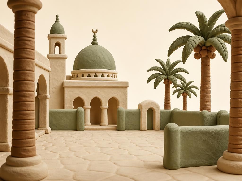 A clay green-domed mosque with small houses and date palms around it