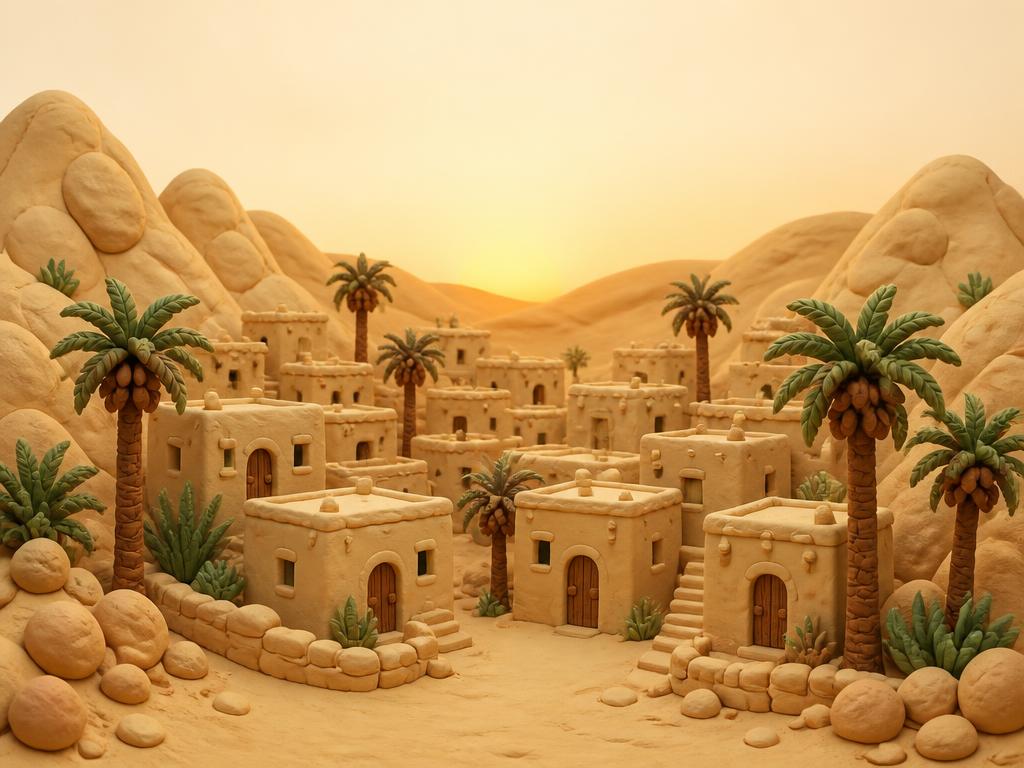 A clay valley of small houses around a cube-shaped House, under a wide cream sky