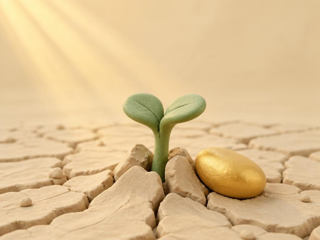 A clay desert stone with a small green shoot growing from a crack in it