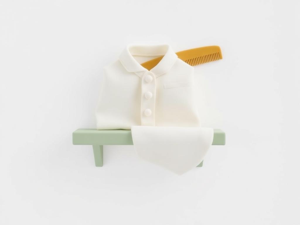 Folded cream clay garment on a sage clay shelf with a gold clay comb