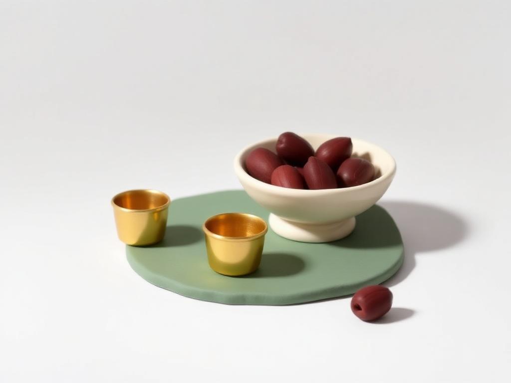 Cream clay bowl of dates on a sage clay mat with small gold clay cups