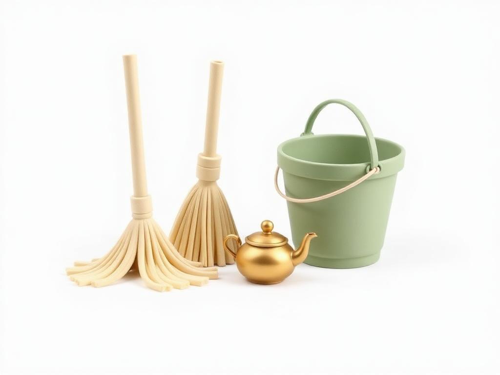Cream clay broom and sage clay bucket beside a small gold clay teapot