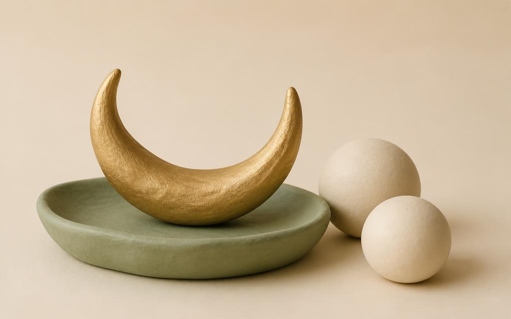 Large cream clay open hand sheltering a small sage clay bird with a gold clay heart