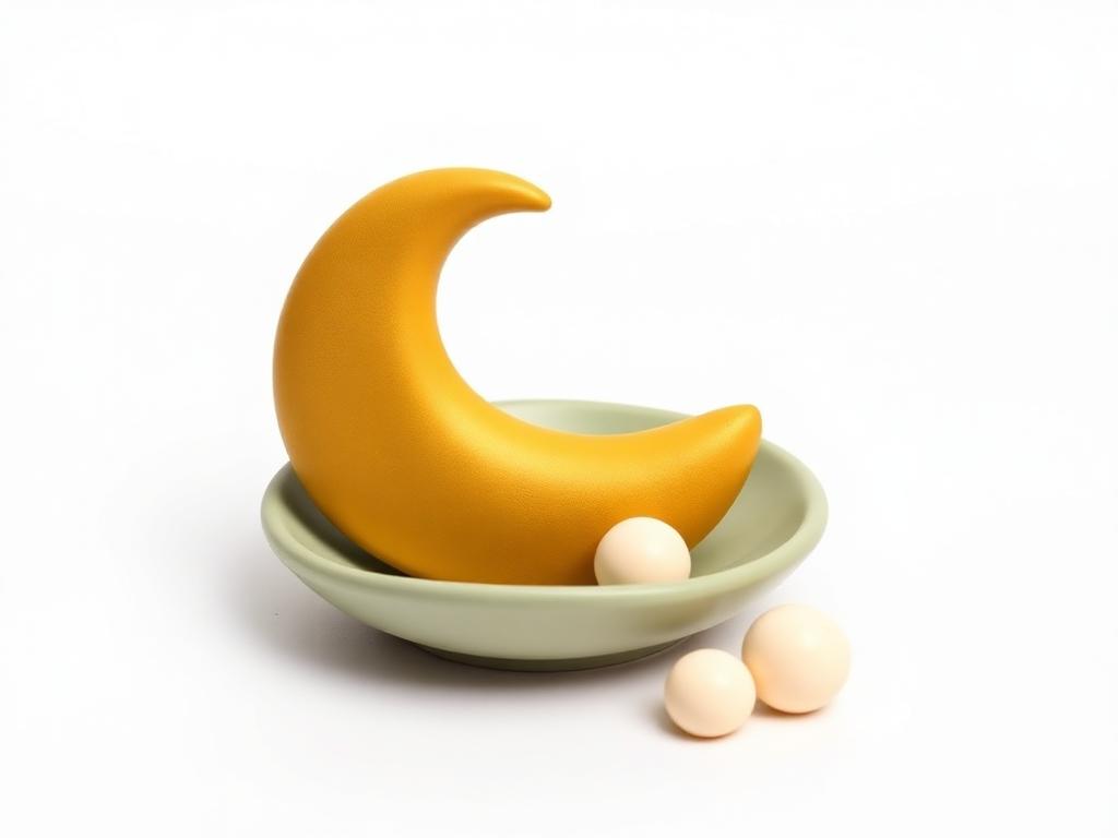 Gold clay upward crescent on a sage clay dish beside two cream clay spheres