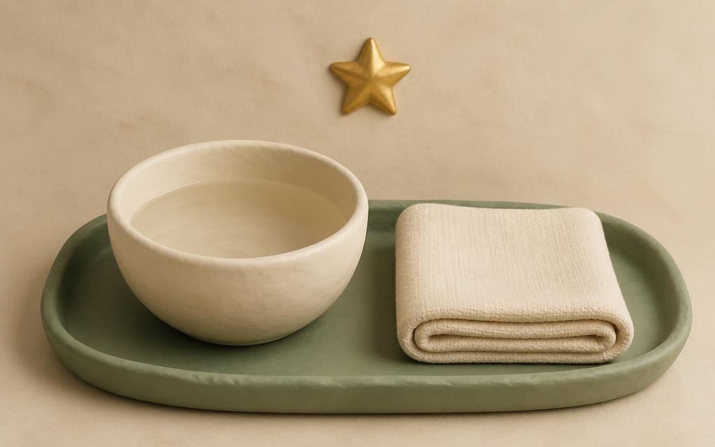 A cream clay hand pressed flat onto a rounded sage clay shape with a gold clay eight-point star above