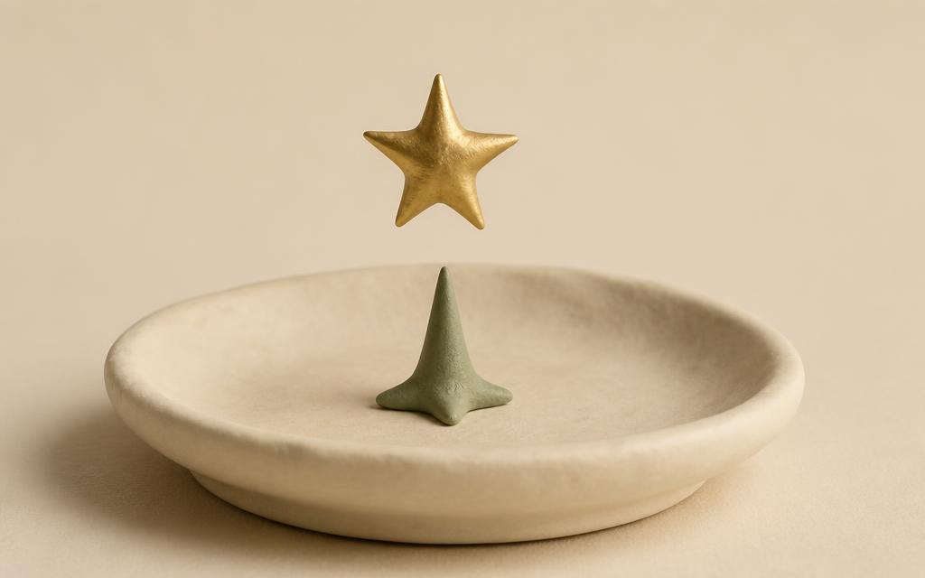 A folded cream clay blanket on a sage clay mat with a small clay cup of water and a gold clay star above