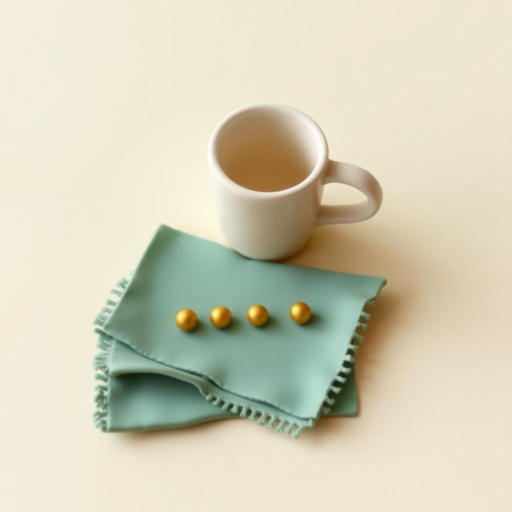 A line of small gold clay beads on a folded sage clay cloth beside a cream clay cup