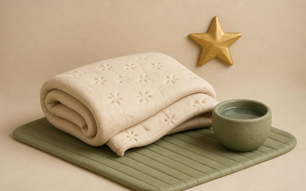 A cream clay hand held gently above a sage clay blanket with a gold clay star nearby