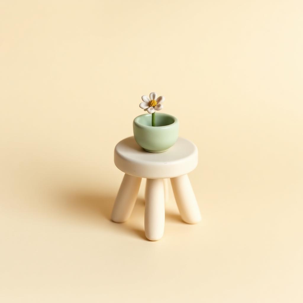 A cream clay bedside stool with a small clay flower and a sage clay bowl on it