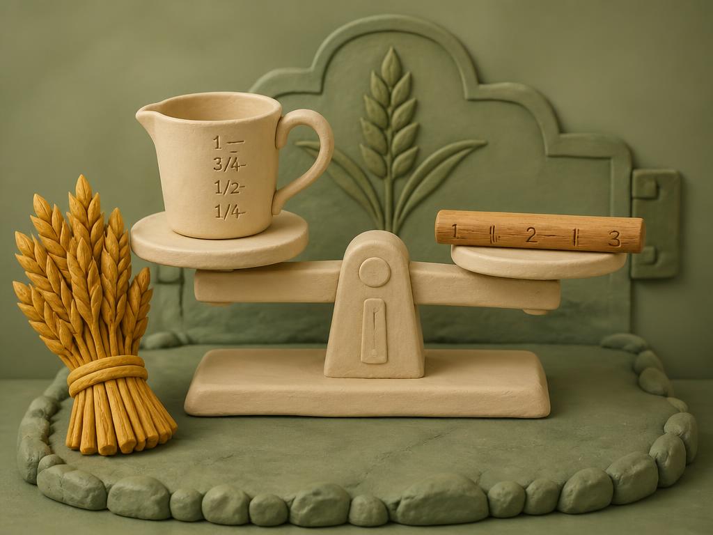 A cream clay hand balance with two level pans and a small gold clay weight, resting on a folded sage clay cloth