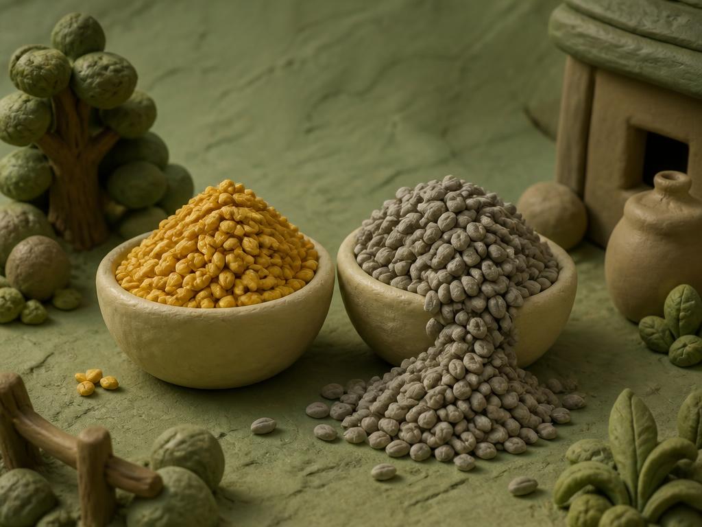 An open cream clay sack of gold clay grain with darker damp grains showing beneath the dry top layer, on sage clay ground