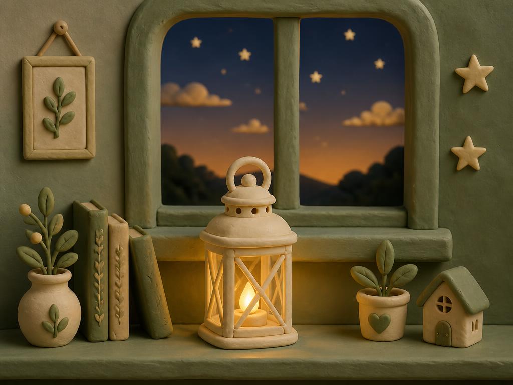 A small cream clay lantern glowing gold beside tall dark sage clay pillars