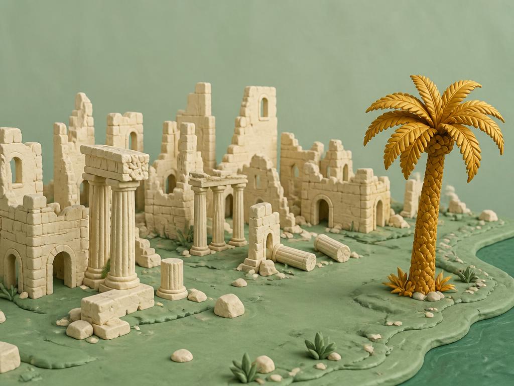Fallen sage clay walls and a single cream clay doorway standing alone under a small gold clay sun