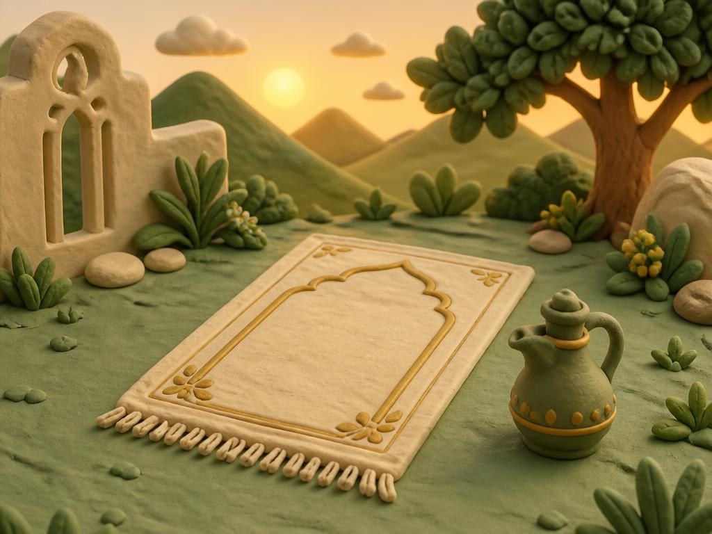 A sage clay prayer mat beside a small cream clay balance scale, under a warm gold clay lantern glow