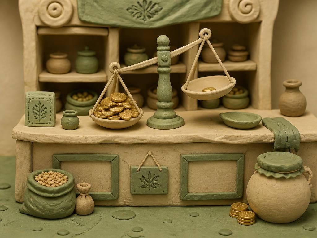 A cream clay balance scale tipped to one side on a sage clay market table, one pan heaped high with gold clay grain