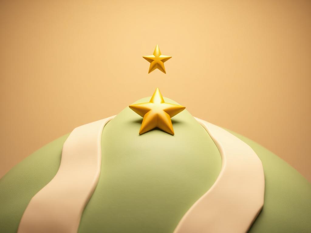 Two cream clay paths on a sage clay hill meeting at one gold clay star at the top