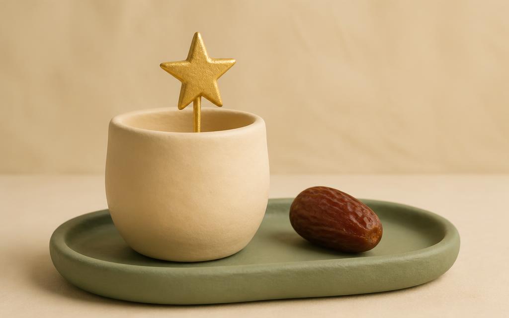 A cream clay child on a sage clay step looking down a gold clay stair rather than up