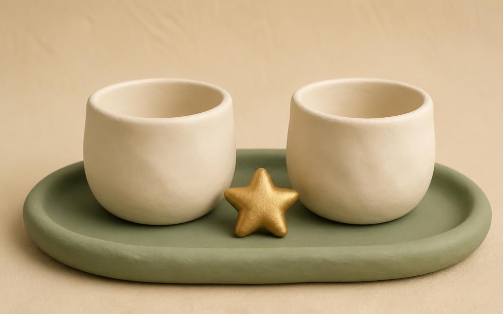 A small cream clay figure handing a gold clay star to a taller cream clay figure on sage clay ground