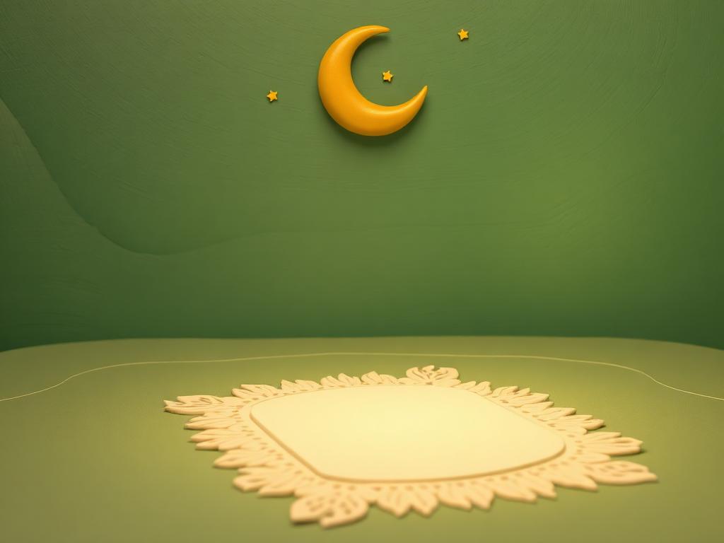 A cream clay prayer mat on sage clay floor under a gold clay crescent of night light