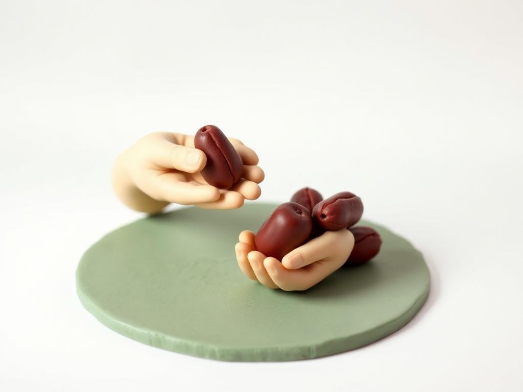 A cream clay hand offering three clay dates to a smaller cream clay hand on a sage clay mat