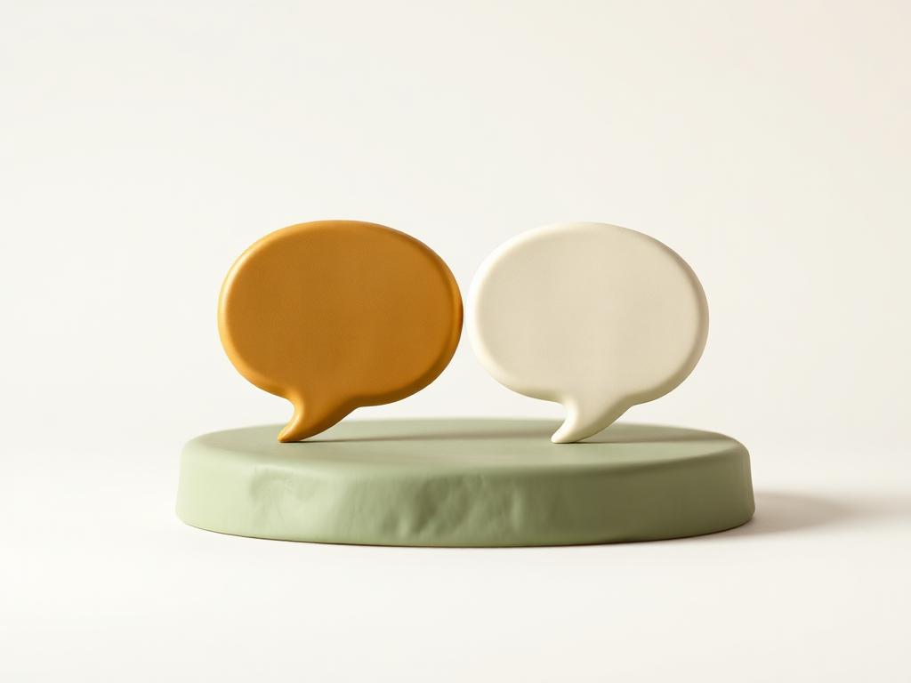 A gold clay speech bubble and a cream clay speech bubble side by side on a sage clay platform