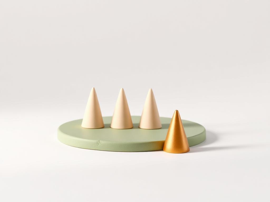 Three cream clay cones in a row on a sage clay slab with one gold clay cone apart from them