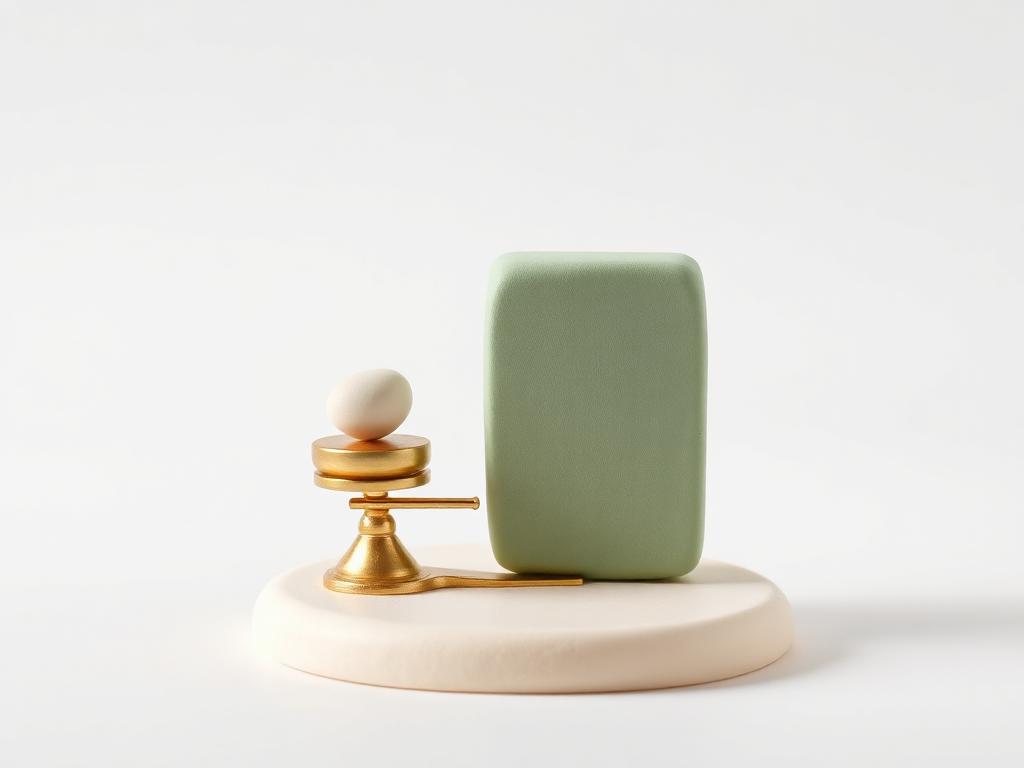 A gold clay balance scale weighing a small cream clay pebble against a heavy sage clay block