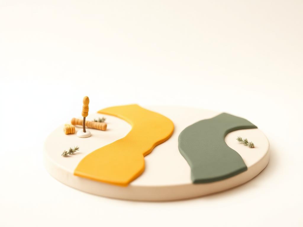 A cream clay road splitting into a bright gold clay path and a dark sage clay path