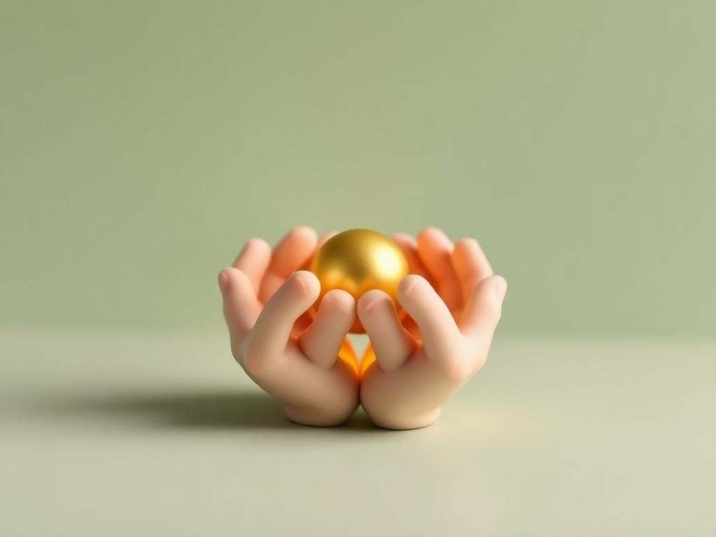Two cupped cream clay hands holding a glowing gold clay orb of light against a sage background