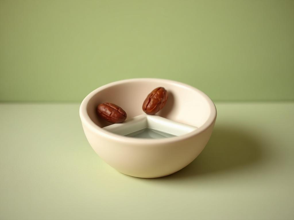 A cream clay bowl holding a third of dates and a third of water with a third left empty