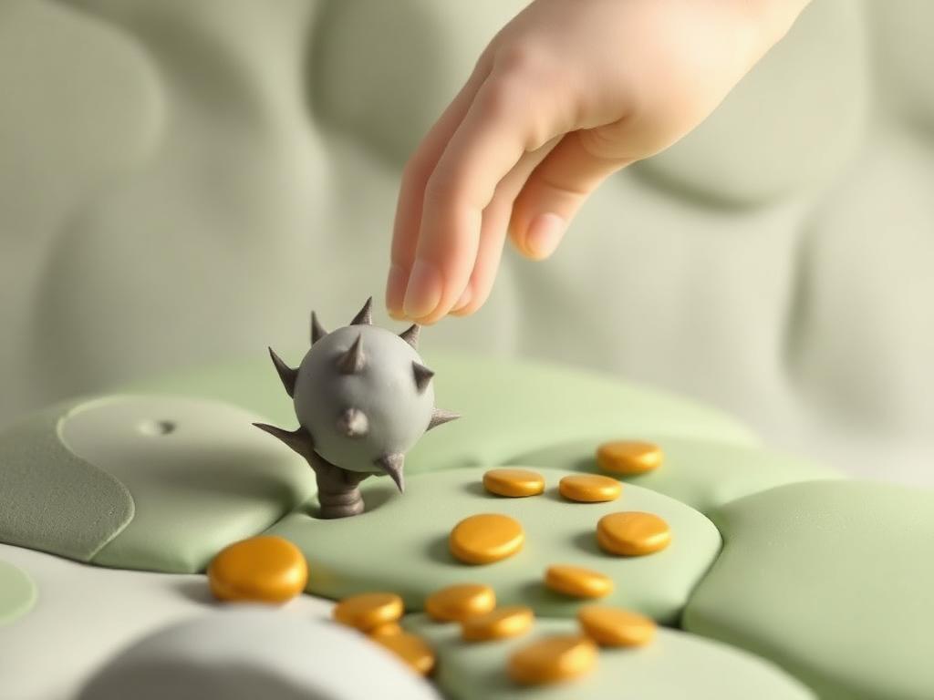 A cream clay hand lifting a grey clay thorn away from a sage clay path scattered with gold pebbles